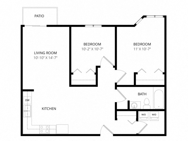 Floor plan for 2 beds, 1 bath, 827 sqft